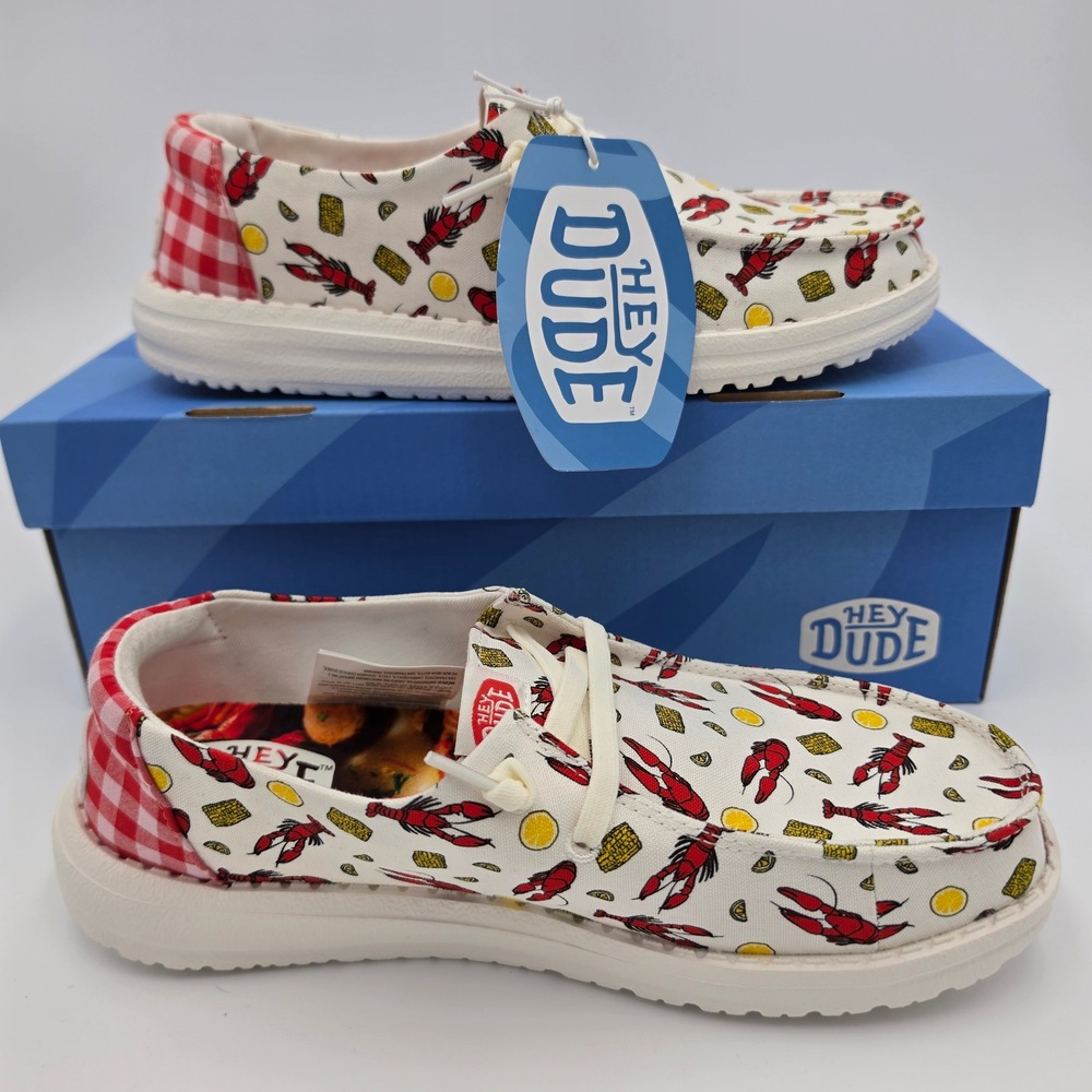 Hey Dude Wendy Crawfish Boil Canvas Slip On Shoes White Red Women's Size W6 NWB